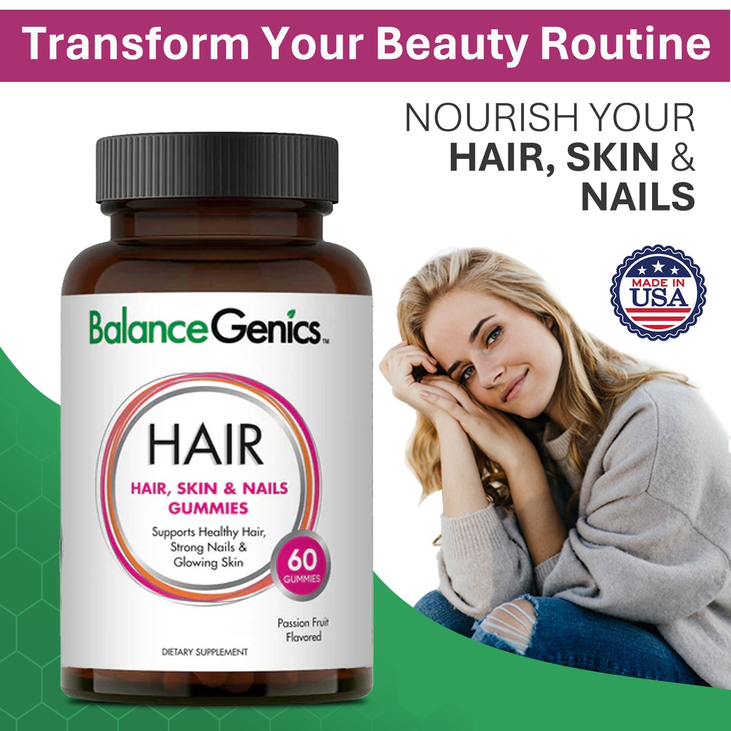 Hair Skin Nails Gummies | Support Healthy Hair, Skin and Nails. With Biotin and Collagen. | Anti-aging | BalanceGenics  (How100.com)
