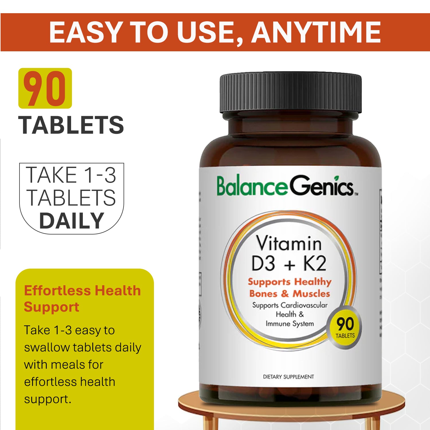 Vitamin D3+K2 | Support Healthy Bones and Muscles | Anti-aging | BalanceGenics  (How100.com)