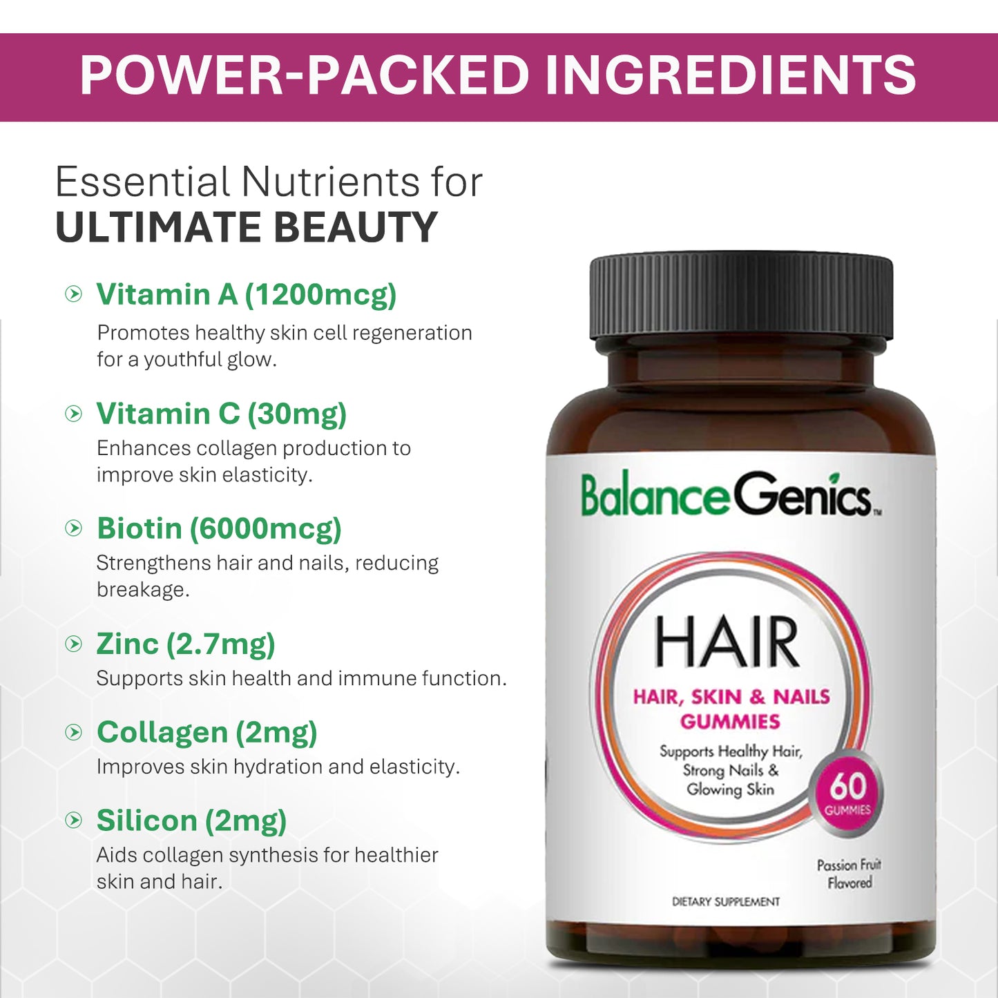 Hair Skin Nails Gummies | Support Healthy Hair, Skin and Nails. With Biotin and Collagen. | Anti-aging | BalanceGenics  (How100.com)  