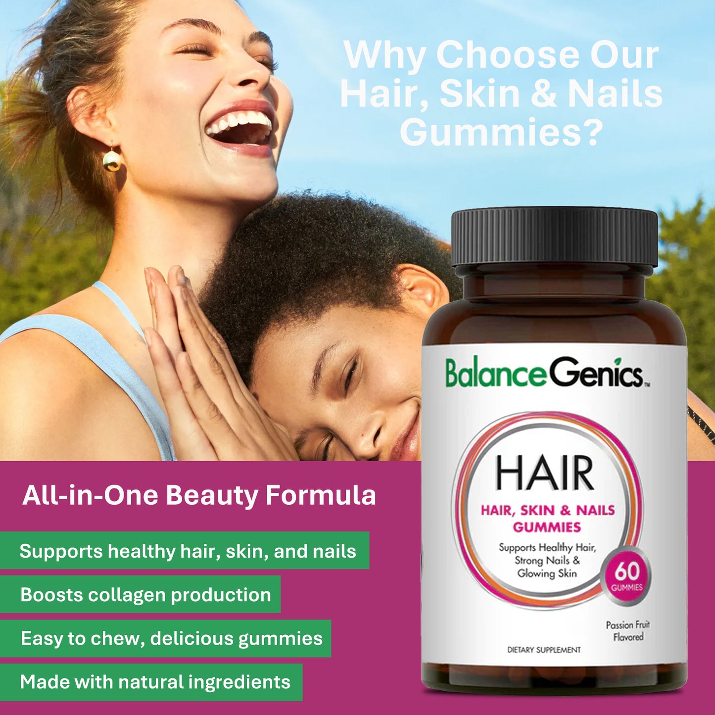 Hair Skin Nails Gummies | Support Healthy Hair, Skin and Nails. With Biotin and Collagen. | Anti-aging | BalanceGenics  (How100.com)  