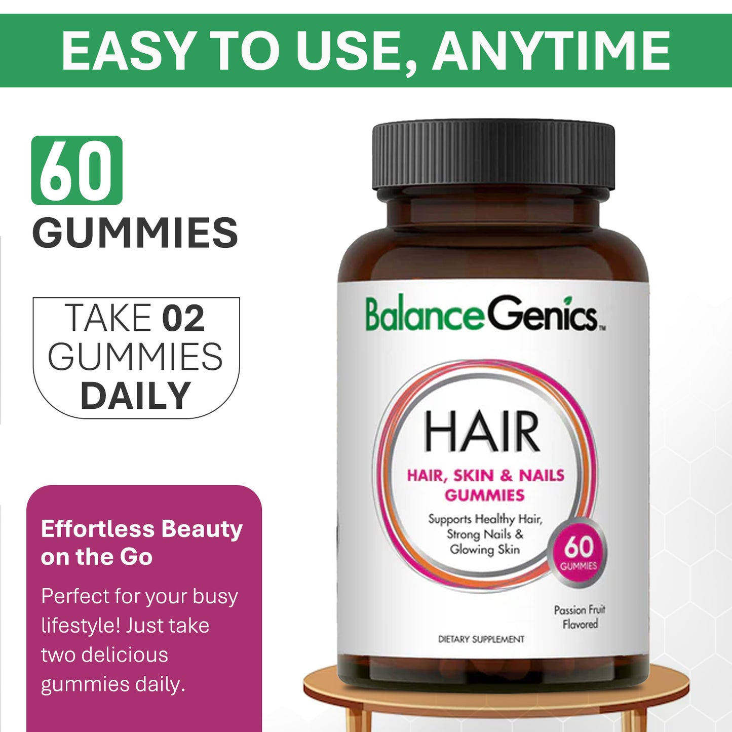 Hair Skin Nails Gummies | Support Healthy Hair, Skin and Nails. With Biotin and Collagen. | Anti-aging | BalanceGenics  (How100.com)  