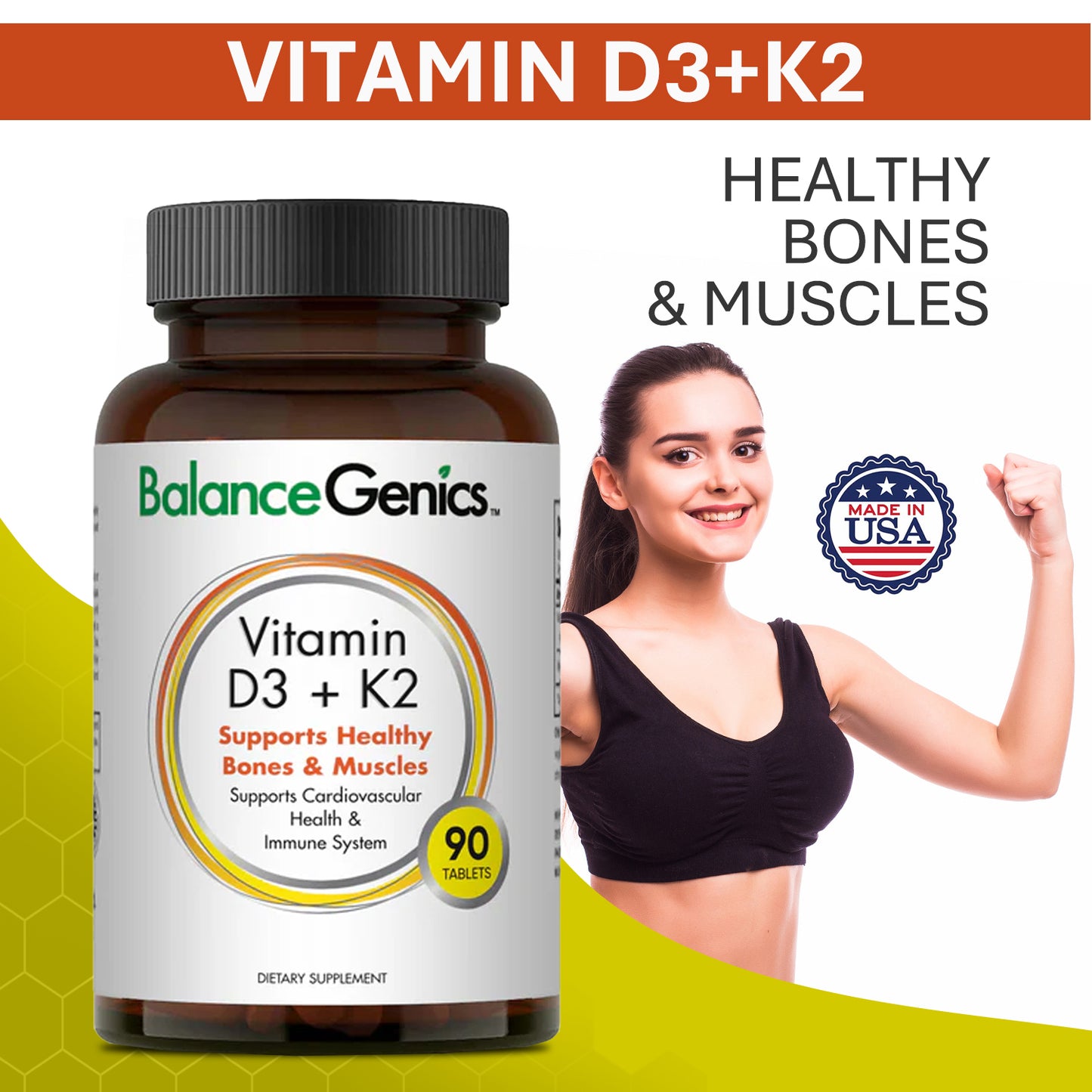 Vitamin D3+K2 | Support Healthy Bones and Muscles | Anti-aging | BalanceGenics  (How100.com)  