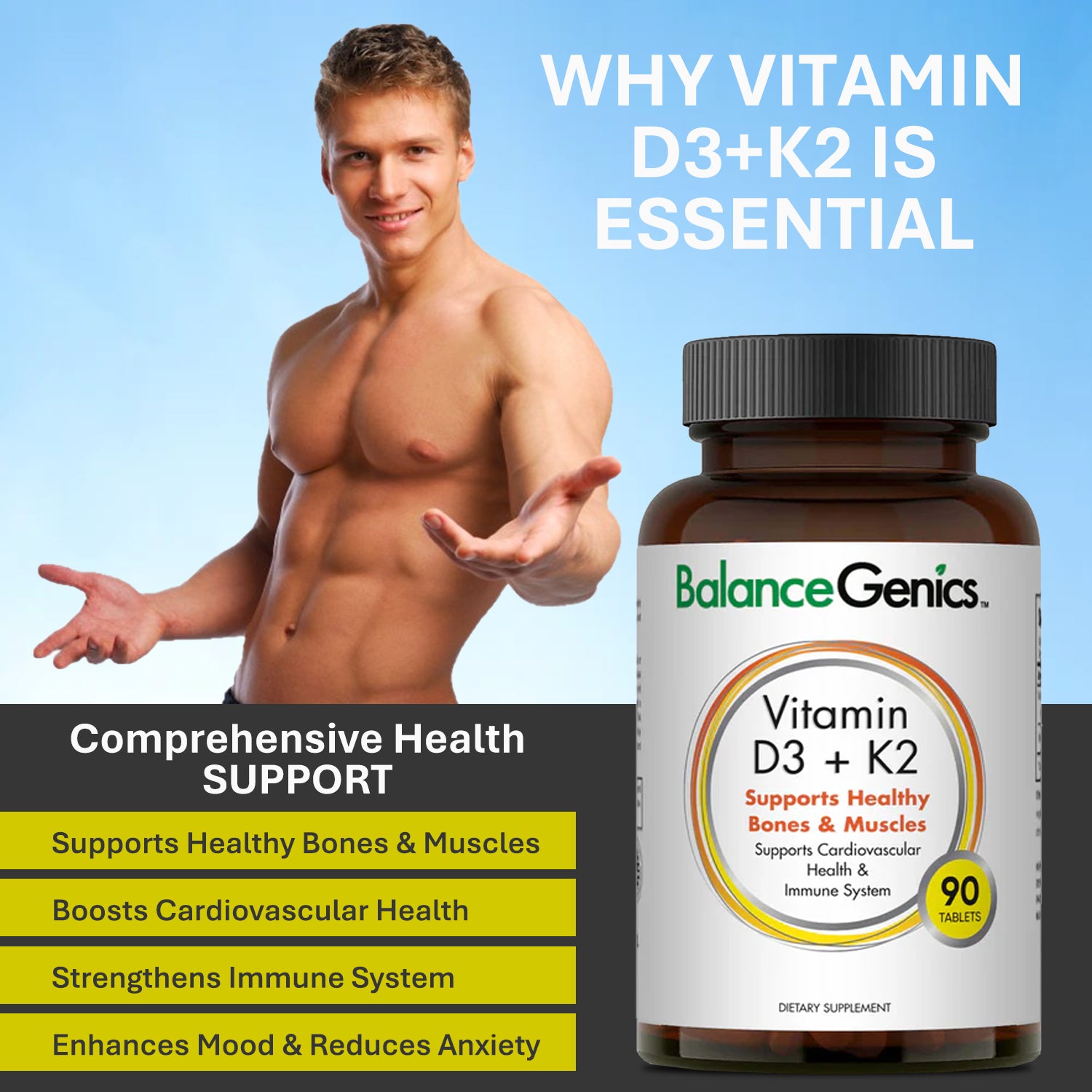 Vitamin D3+K2 | Support Healthy Bones and Muscles | Anti-aging | BalanceGenics  (How100.com)  