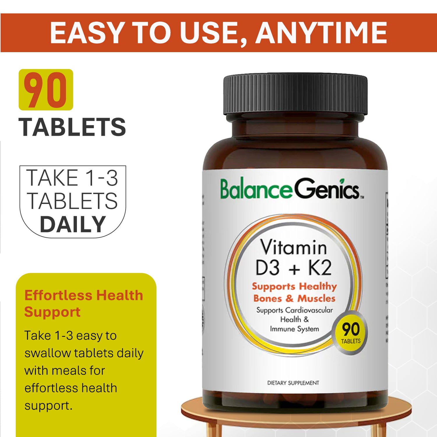 Vitamin D3+K2 | Support Healthy Bones and Muscles | Anti-aging | BalanceGenics  (How100.com)  